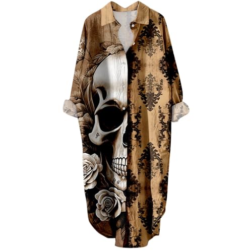 Gothic Kleidung Damen Blusenkleid Gothic Totenkopf Shirtkleid Halloween Kostüm Langarm Hemdkragen Freizeitkleid Locker Wickelkleid Damen Bequeme Hemdblusenkleid Halloween Kostüm von Generic