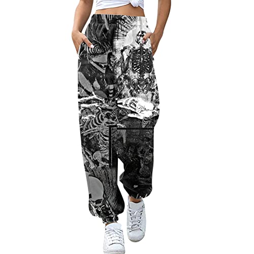 Gothic Kleidung Damen Gothic Hose Damen Halloween Kostüm Sporthose Gothic Drucken Punk Pants Clothes Lang Lässig Jogger Sport Jogginghose Baggy High Waist Hosen Freizeithose für Frauen von Generic