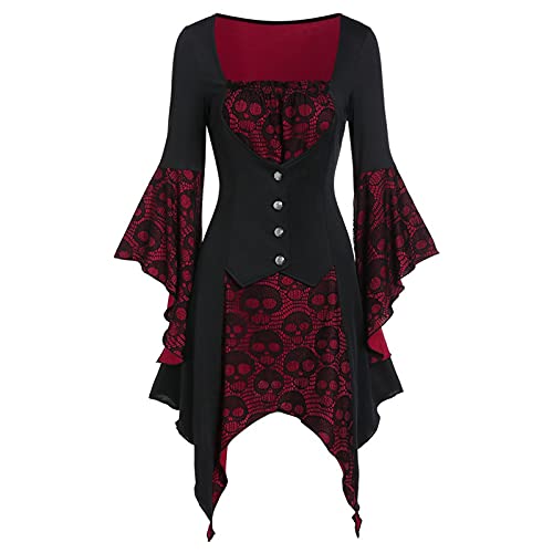Gothic Kleidung für Damen Mittelalter Kostüm Halloween Cosplay Schwarz Steampunk Minikleid Renaiss Historisches Spitzenspleißkleid Hexenkostüm Tunikakleid Mantel, XXL, Rot von Generic