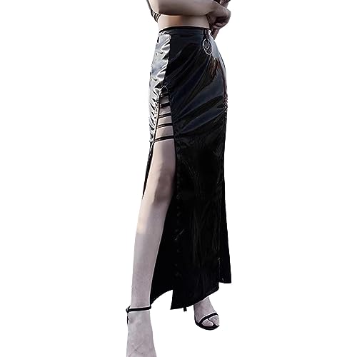 Gothic Wetlook Bandage Maxi Rock Sexy Frauen PU Leder Seitenschlitz Knöchellang Rock, 601# Schwarz, 38/40 DE von Generic