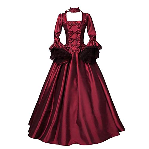 Gotische Abendkleid Damen Halloween Kostüm Gothic Punk Dunkle Serie Partykleid Vintage Kleid Einfarbig Tunikakleid Taillenkleid Maxikleid Party Long Sleeve Round-Neck Dress, Z2-rot, L von Generic