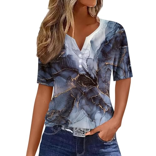 Grafik-T-Shirts für Frauen Damen Täglicher Druck V-Ausschnitt Tops Sommer Kurzarm T-Shirt,Blau,M von Generic