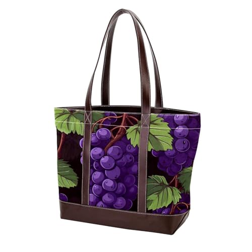 Grapes and Green Leaves-2058 Schultertaschen für Damen, groß, weiches gewaschenes Leder, strapazierfähige Handtaschen, Mehrfarbig 04, 33.8x12x31cm/13.3x4.7x12.2 in von Generic