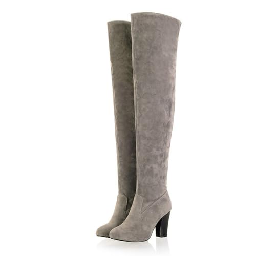 Grau,35 EU,Bequeme, klobige Overknee-Stiefel für Damen, Spitze Zehenpartie, Blockabsatz, Party, Hochzeit, seitlicher Reißverschluss, eleganter Overknee-Stiefel von Generic