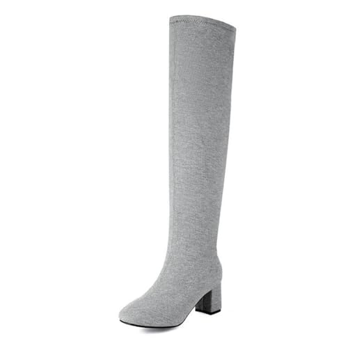 Grau,35 EU,Lange Damenstiefel, gestrickt, zum Hineinschlüpfen, Kniehohe Stiefel, runde Zehenpartie, klobiger Blockabsatz, hohe Stiefel, Herbst/Winter, legere Abendschuhe von Generic