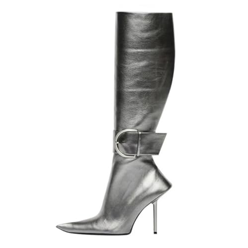 Grau,38 EU,Kniehohe Stiefel für Damen, Stiletto-Absatz, Spitze Zehenpartie, Lange Stiefel mit Metallschnalle, modische Abendschuhe mit seitlichem Reißverschluss von Generic