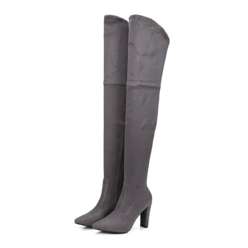 Grau,41 EU,Overknee-Stiefel für Damen mit Blockabsatz, elastischem Kunstwildleder, Lange Stiefel mit spitzer Zehenpartie und seitlichem Reißverschluss, hohe Stiefel für den Winter und Herbst von Generic