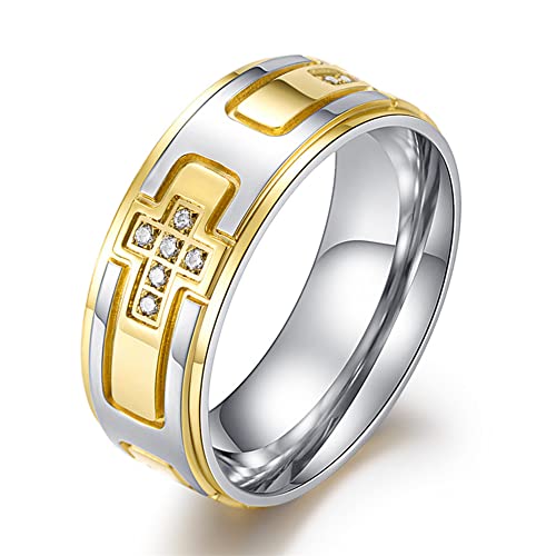 Gravierter Kreuzring für Herren, 8Mgothic Fashion Cross Intarsierter Zirkon-Edelstahlring,Gold,9 von Generic