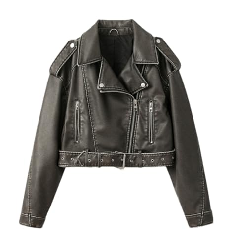 Graysty Damen Gewaschene Lederjacke Mit Gürtel Kurzmantel Mit Abgestuftem Reißverschluss Und Vintage Revers Jacke, Grau, S von Generic