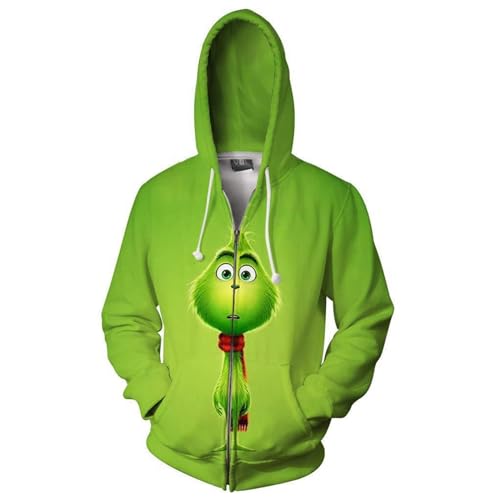 Grinch Kostüm, Grinch Hoodie Herren 3D Druck Zip up Sweatjacke Weihnachten Kapuzenpullover Festival Grün Sweatshirt mit Kapuze Grinch Kostüm Erwachsene Manner Kapuzenjacke Christmas Jacke von Generic