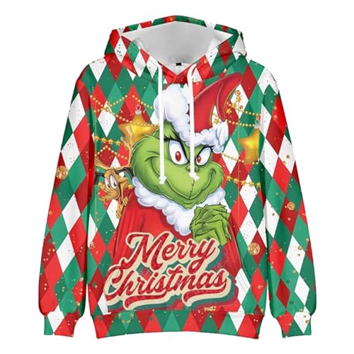 Grinch Kostüm, Grinch Hoodie Herren Weihnachten 3D Druck Kapuzenpullover Festival Weihnachtspullover Sweatshirt Grinch Kostüm Erwachsene Kapuzenpulli Kordelzug Christmas Pullover Oberteile von Generic