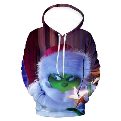 Grinch Kostüm, Grinch Hoodie Herren Weihnachtspullover 3D Druck Kapuzenpullover mit Taschen Festival Weihnachten Sweatshirt Grinch Kostüm Erwachsene Manner Kapuzenpulli Christmas Hoodies Top von Generic