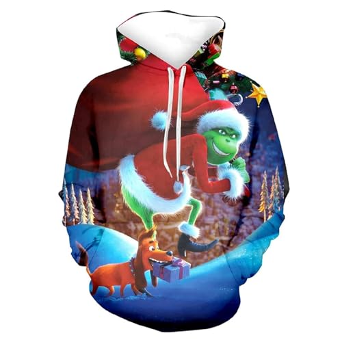 Grinch Kostüm, Grinch Hoodie Herren Weihnachtspullover 3D Druck Kapuzenpullover mit Taschen Festival Weihnachten Sweatshirt Grinch Kostüm Erwachsene Manner Kapuzenpulli Christmas Hoodies Top von Generic