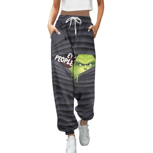 Grinch Kostüm, Weihnachten Jogginghose Damen, Damen Jogginghose Lang Sporthose High Waist Grinch Hose Trainingshose Frauen Kordelzug Freizeithose Sweathose Weihnachts Fitness Sweatpants von Generic