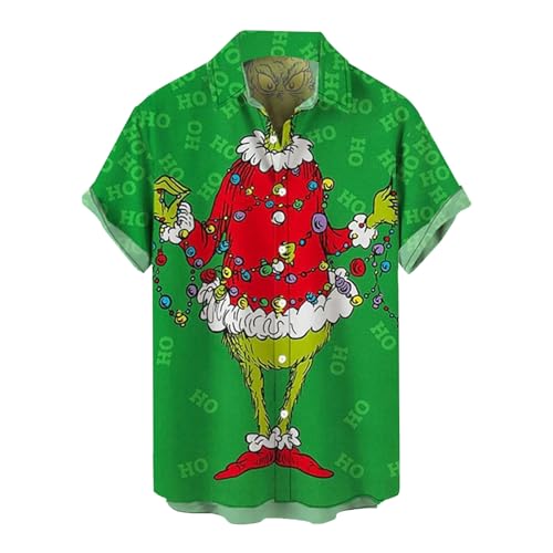 Grinch Kostüm, Weihnachtshemd Herren Kurzarm 3D Druck Grinch Weihnachten Lustig Hemd mit Knöpfen Festival Funky Freizeithemd Grinch Kostüm Erwachsene Männer Hawaiihemd Xmas Hemden Tshirt von Generic