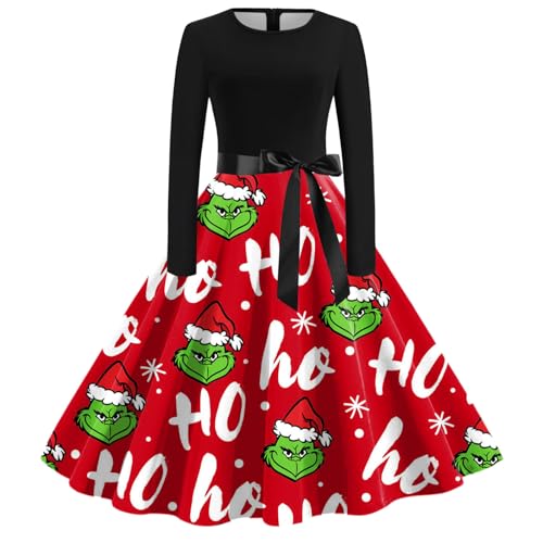 Grinch Kostüm, Weihnachtskleid Damen Lustig Swing A Linie Kleid Festival Abendkleid Langarm Rundhals Cocktailkleid Midikleid Grinch Kostüm Erwachsene Partykleid Vintage Weihnachts Kleid von Generic