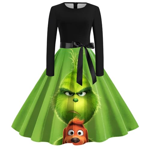 Grinch Kostüm, Weihnachtskleid Damen Lustig Swing A Linie Kleid Festival Abendkleid Langarm Rundhals Cocktailkleid Midikleid Grinch Kostüm Erwachsene Partykleid Vintage Weihnachts Kleid von Generic