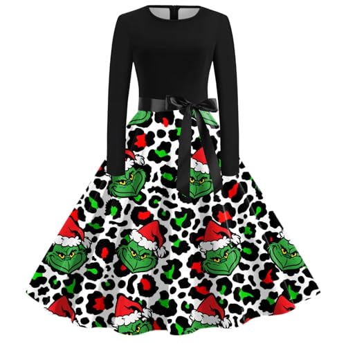 Grinch Kostüm, Weihnachtskleid Damen Lustig Swing A Linie Kleid Festival Abendkleid Langarm Rundhals Cocktailkleid Midikleid Grinch Kostüm Erwachsene Partykleid Vintage Weihnachts Kleid von Generic