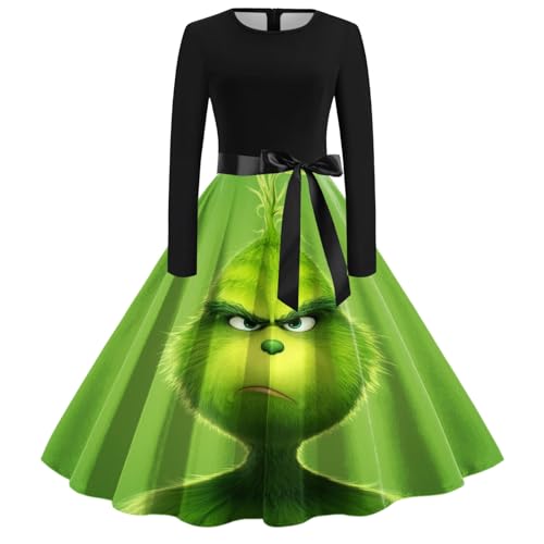 Grinch Kostüm, Weihnachtskleid Damen Lustig Swing A Linie Kleid Festival Abendkleid Langarm Rundhals Cocktailkleid Midikleid Grinch Kostüm Erwachsene Partykleid Vintage Weihnachts Kleid von Generic