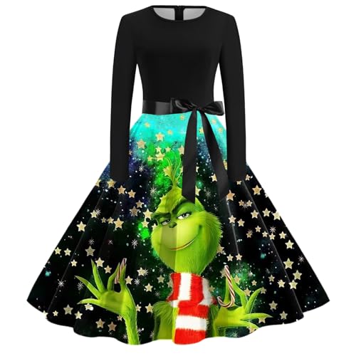 Grinch Kostüm, Weihnachtskleid Damen Lustig Swing A Linie Kleid Festival Abendkleid Langarm Rundhals Cocktailkleid Midikleid Grinch Kostüm Erwachsene Partykleid Vintage Weihnachts Kleid von Generic