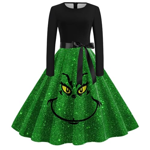 Grinch Kostüm, Weihnachtskleid Damen Lustig Swing A Linie Kleid Festival Abendkleid Langarm Rundhals Cocktailkleid Midikleid Grinch Kostüm Erwachsene Partykleid Vintage Weihnachts Kleid von Generic