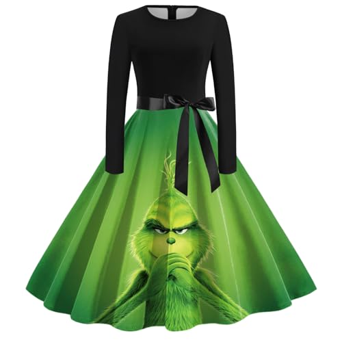 Grinch Kostüm, Weihnachtskleid Damen Lustig Swing A Linie Kleid Festival Abendkleid Langarm Rundhals Cocktailkleid Midikleid Grinch Kostüm Erwachsene Partykleid Vintage Weihnachts Kleid von Generic