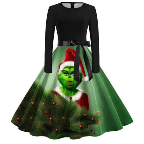Grinch Kostüm, Weihnachtskleid Damen Lustig Swing A Linie Kleid Festival Abendkleid Langarm Rundhals Cocktailkleid Midikleid Grinch Kostüm Erwachsene Partykleid Vintage Weihnachts Kleid von Generic