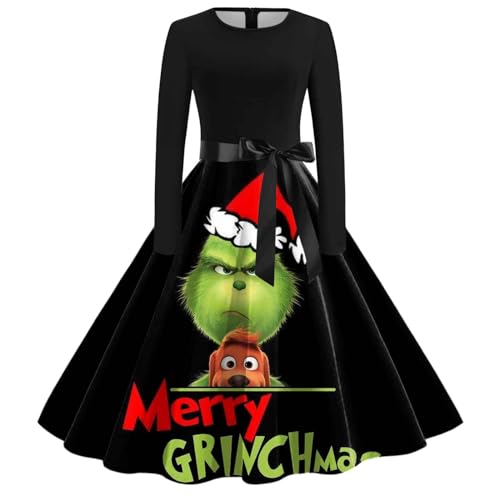 Grinch Kostüm, Weihnachtskleid Damen Lustig Swing A Linie Kleid Festival Abendkleid Langarm Rundhals Cocktailkleid Midikleid Grinch Kostüm Erwachsene Partykleid Vintage Weihnachts Kleid von Generic