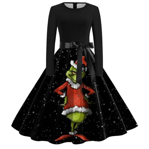 Grinch Kostüm, Weihnachtskleid Damen Lustig Swing A Linie Kleid Festival Abendkleid Langarm Rundhals Cocktailkleid Midikleid Grinch Kostüm Erwachsene Partykleid Vintage Weihnachts Kleid von Generic