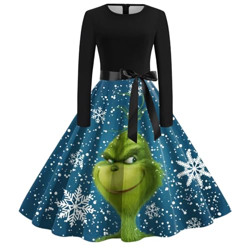 Grinch Kostüm, Weihnachtskleid Damen Lustig Swing A Linie Kleid Festival Abendkleid Langarm Rundhals Cocktailkleid Midikleid Grinch Kostüm Erwachsene Partykleid Vintage Weihnachts Kleid von Generic