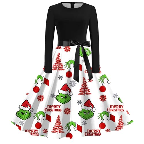 Grinch Kostüm, Weihnachtskleid Damen Lustig Swing A Linie Kleid Festival Abendkleid Langarm Rundhals Cocktailkleid Midikleid Grinch Kostüm Erwachsene Partykleid Vintage Weihnachts Kleid von Generic