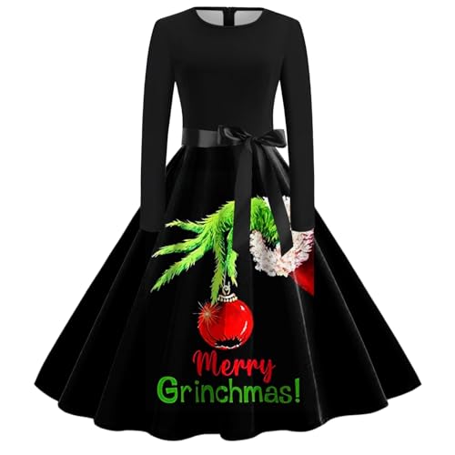 Grinch Kostüm, Weihnachtskleid Damen Lustig Swing A Linie Kleid Festival Abendkleid Langarm Rundhals Cocktailkleid Midikleid Grinch Kostüm Erwachsene Partykleid Vintage Weihnachts Kleid von Generic