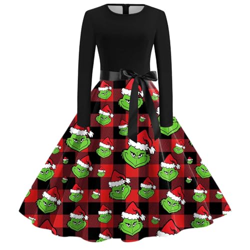 Grinch Kostüm, Weihnachtskleid Damen Lustig Swing A Linie Kleid Festival Abendkleid Langarm Rundhals Cocktailkleid Midikleid Grinch Kostüm Erwachsene Partykleid Vintage Weihnachts Kleid von Generic