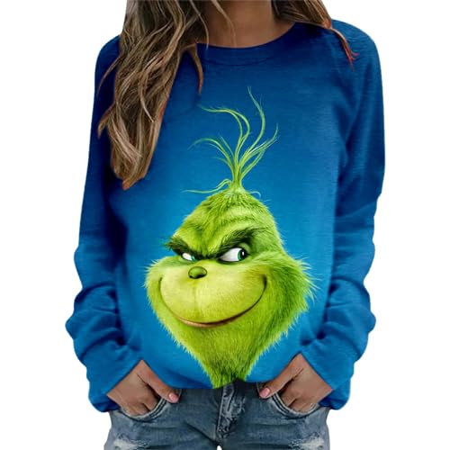 Grinch Kostüm, Weihnachtspullover Damen Grinch Pullover Weihnachten Lustig Sweatshirt Ohne Kapuze Festival Grün Langarmshirt Grinch Kostüm Erwachsene Pulli Oberteile Weihnachts Pullover Top von Generic