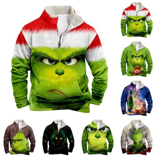 Grinch Kostüm, Weihnachtspullover Herren Grinch Pullover 3D Druck Fleece Weihnachten Sweatshirt mit Taschen Festival Grinch Kostüm Erwachsene Manner Langarmshirt Christmas Pulli Oberteile von Generic