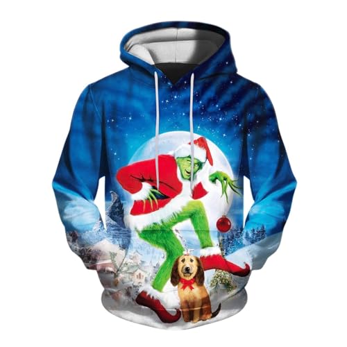 Grinch Kostüm Unisex Hoodie Kreativer 3D Druck Weihnachtspullover Oversize Langarm Sweatshirt mit Taschen Jungen MäDchen Grinch Kleidung Herbst Winter Warm Oberteile Festliche Party Weihnachts Mantel von Generic