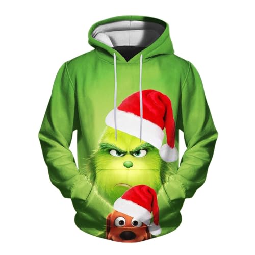 Grinch Kostüm Unisex Hoodie Kreativer 3D Druck Weihnachtspullover Oversize Langarm Sweatshirt mit Taschen Jungen MäDchen Grinch Kleidung Herbst Winter Warm Oberteile Festliche Party Weihnachts Mantel von Generic