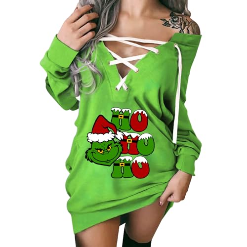 Grinch Kostüm Weihnachtskleid Damen Grinch Weihnachtspullover Sexy Langarm T-Shirt Kleid Festlich Weihnachten Rentier Kurz Kleid Langarmkleid Christmas Lustig Langarmshirt Pullover Kleid von Generic