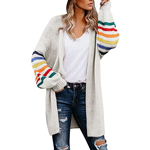 Grobe Strickjacke Damen - Damen Mantel Plus Größe warm Regenbogen Streifen Print Langarm vorne offen Winter Mode Strickjacke Outwear Pullover Tops Damen Strick Cardigan von Generic