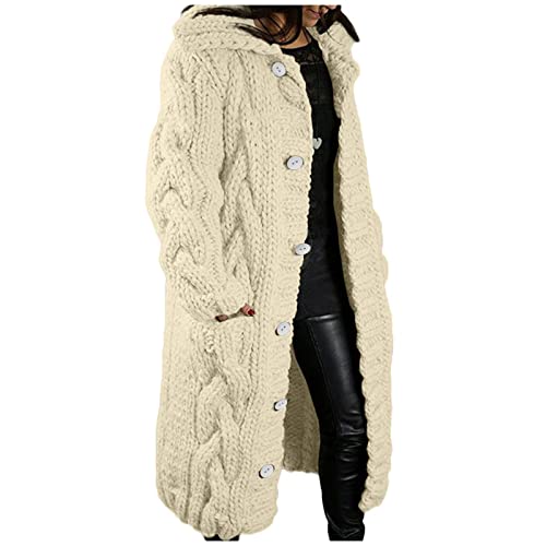 Grobstrickjacke Damen Lang Geflochtener Strick Einfarbig Gestrickter Pullover Button Down Strick Mantel mit Taschen Warmes Autumn Winter Strickpulli Oversize Zopf Gestrickt Revers Strickpullover von Generic