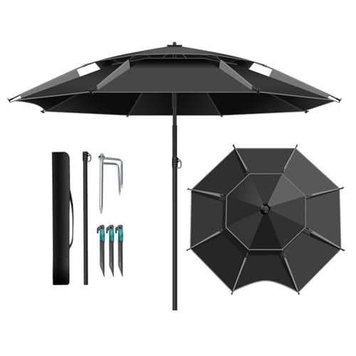 Groß Angelschirm Strandschirm Für Den Außenbereich Tragbar Strandmuschel Regenschirm mit Trage-Tasche Doppeldach Schirmzelt Gartenschirm(Black gray,220cm) von Generic