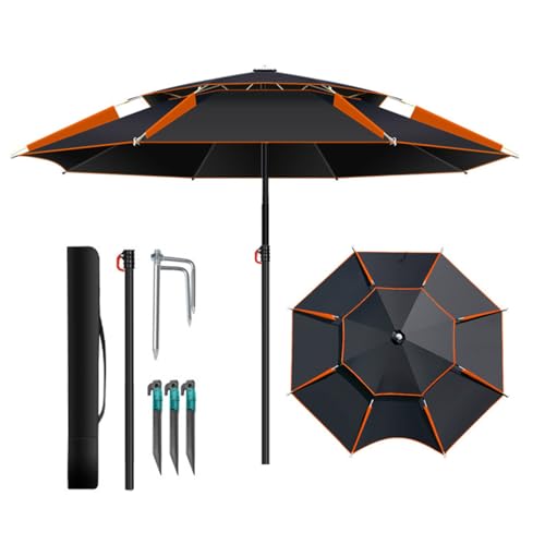 Groß Angelschirm Strandschirm Für Den Außenbereich Tragbar Strandmuschel Regenschirm mit Trage-Tasche Doppeldach Schirmzelt Gartenschirm(Black orange,220cm) von Generic