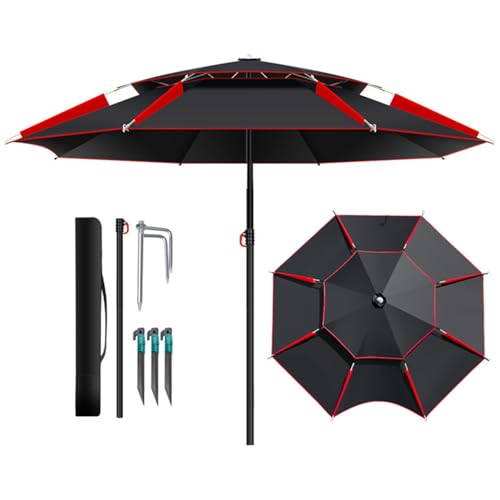 Groß Angelschirm Strandschirm Für Den Außenbereich Tragbar Strandmuschel Regenschirm mit Trage-Tasche Doppeldach Schirmzelt Gartenschirm(Black red,ø260cm) von Generic