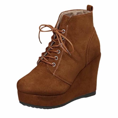 Große Größe vorne Schnürung Slope Heel und Stiefeletten weibliche Herbst Wildleder Retro Damenschuhe (Brown, 42) von Generic