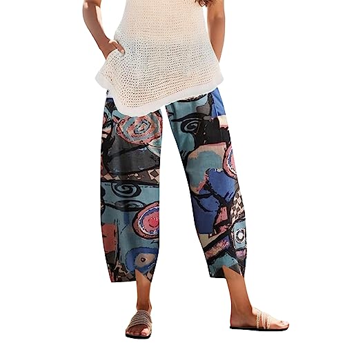 Große Größen Sommerhose Damen Leicht Caprihose Muster,Oversize Sommer Hosen 7/8 Locker-Übergroßes High Waist Weite Luftig Freizeithose 3/4 mit Taschen Einfarbig Luftige Strandhose Relaxhose von Generic