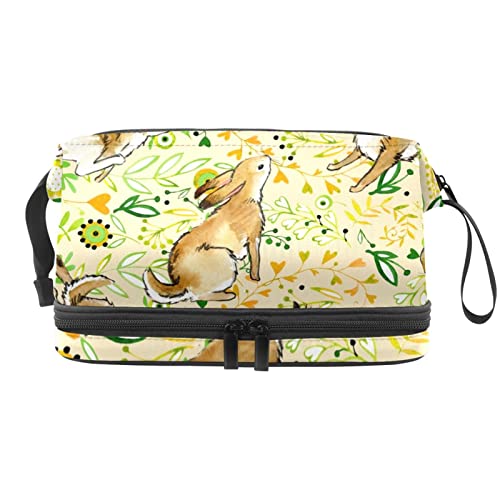 Große Kapazität, Reise-Kosmetiktasche, Make-up-Tasche, wasserdichte Make-up-Tasche, Organizer, Wildkaninchen, Laufen, bemalte Blätter, Mehrfarbig, 27x15x14 cm/10.6x5.9x5.5 in von Generic