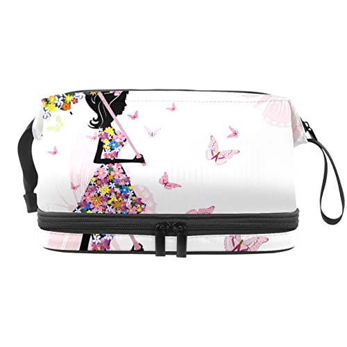 Große Kapazität Reise-Kosmetiktasche, Make-up-Tasche, wasserdichte Make-up-Tasche, Organizer, florales Mädchen mit Blumenkleid, Regenschirm, Schmetterlinge, Rosa, Mehrfarbig, 27x15x14 cm/10.6x5.9x5.5 in von Generic