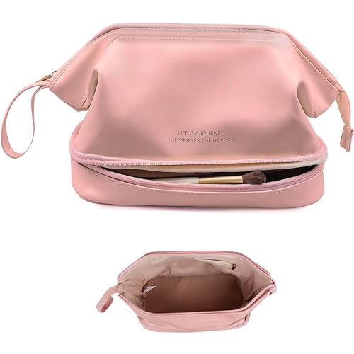 Große Make-up-Tasche, doppellagige Kosmetiktasche, Reise-Make-up-Tasche, Leder-Make-up-Tasche, Kosmetik-Reisetasche, tragbare Leder-Kulturbeutel, geräumige Kosmetiktasche für Damen und Mädchen, Pink, von Generic