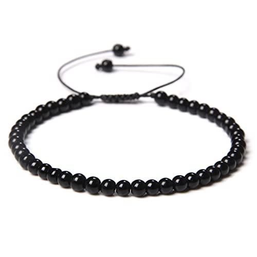 Großhandel 4MM Perlen Geflochtene Armbänder Für Frauen Männer Mini Naturstein Winziges Armband Verstellbare Armbänder Schmuck,Schwarzer Onyx von Generic