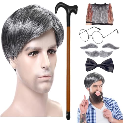 Großvater-Kostüm für Herren, Erwachsenengröße, Großvater-Kostüm, 8-teiliges Set, Brille mit künstlichen Augenbrauen, Schnurrbart, Fliege, Perückenkappe – Älterperücke, Stockbrille, falsche Augenbrauen Großvater-Kostüm für Herren, Erwachsenengröße, Großvater-Kostüm, 8-teiliges Set, Brille mit künstlichen Augenbrauen, Schnurrbart, Fliege, Perückenkappe – Älterperücke, Stockbrille, falsche Augenbrauen von Generic
